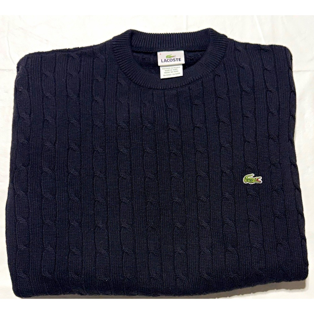 Lacoste Mens Sweater Navy Cable Knit Crew Neck Pullover Logo Cotton Wool